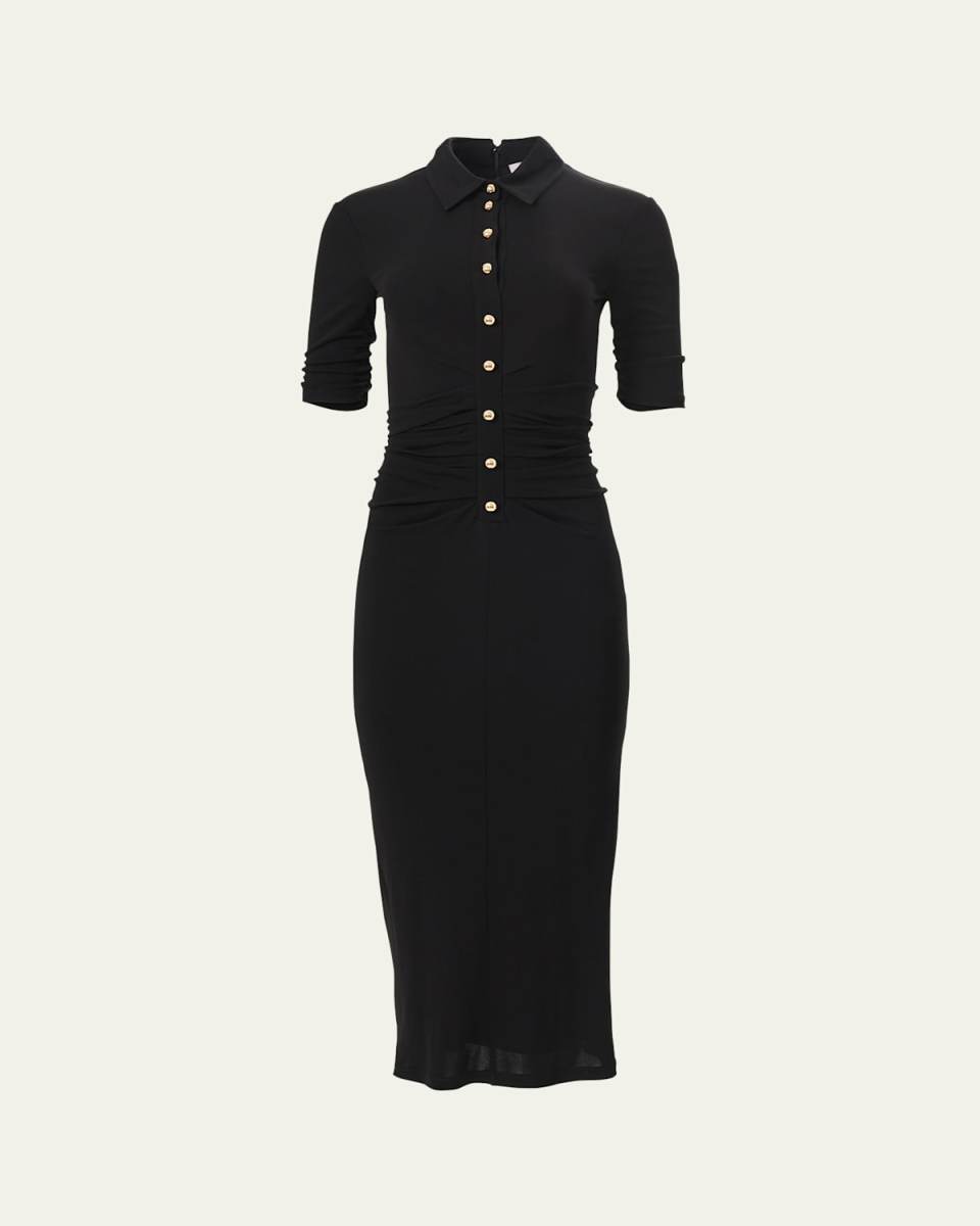 Ruched Button-Front Midi Polo Dress